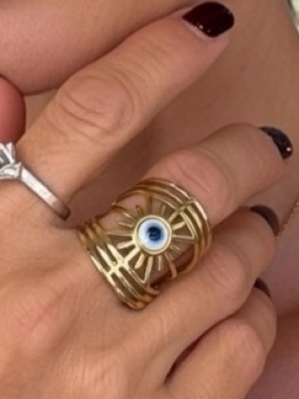 Gold Plated Stainless Steel Statement Evil Eye Ring Sunburst Design Adjustable